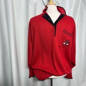 Vintage Red Knit Polo Sweater Bird Embroidery Retro Grandmacore Oversized XL